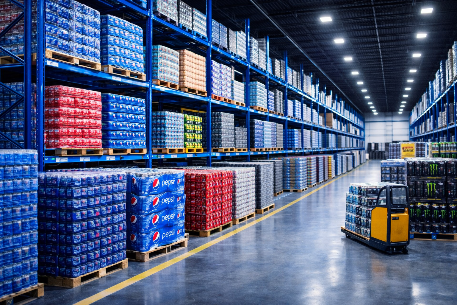 Logistieke hub van FMCG Belgium met pallets dranken klaar voor multimodale Europese distributie via vrachtwagen, zeecontainer en luchtvracht